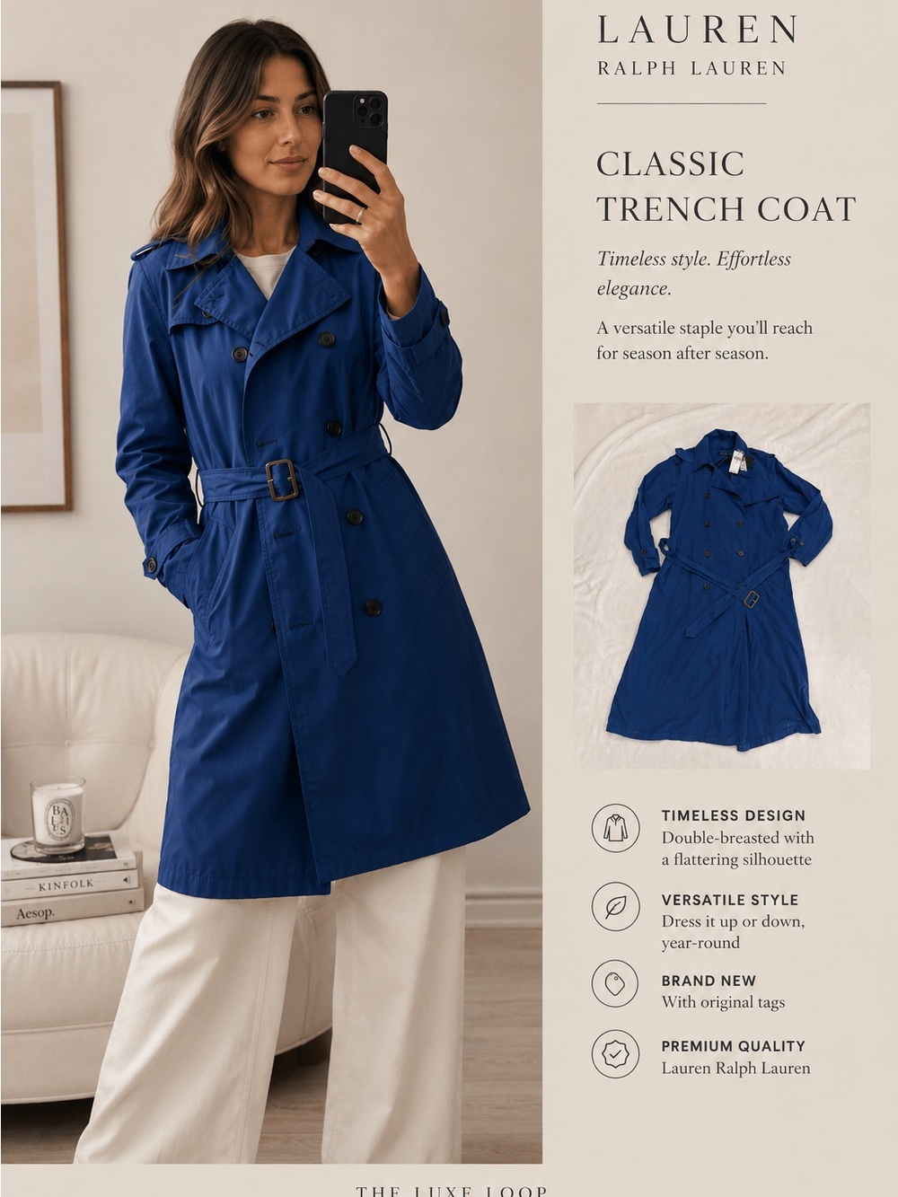Lauren Ralph Lauren Double-Breasted Trench Coat in Royal Blue